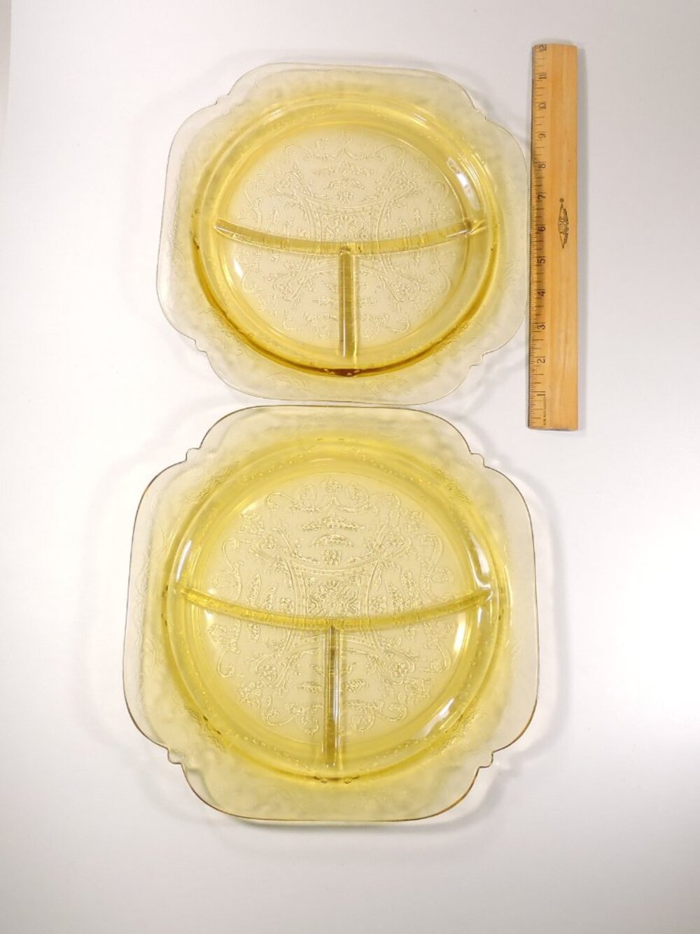 2 Vintage Federal Depression Glass 10" Square Divided Serving Plates - Madrid